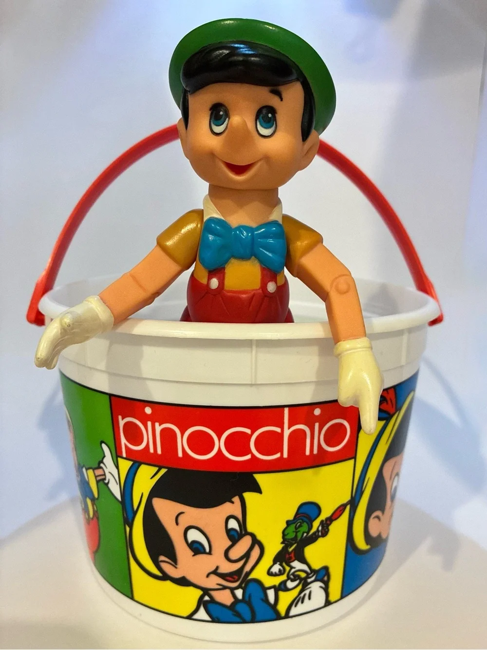 Vintage Pinocchio Poseable Figure, 1986, & Bucket/Pail, 1992